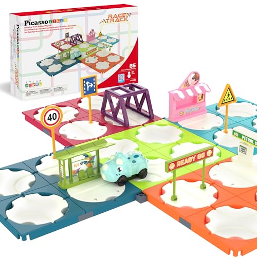 Image of PicassoTiles 85pc Race Car Track Construction Builder Set with Rotating Reversible Tracks Dinosaur Vehicle Road Signs Buildings and Accessories STEM Learning Pretend Play Racing Fun Kids Ages 3+ PTR22