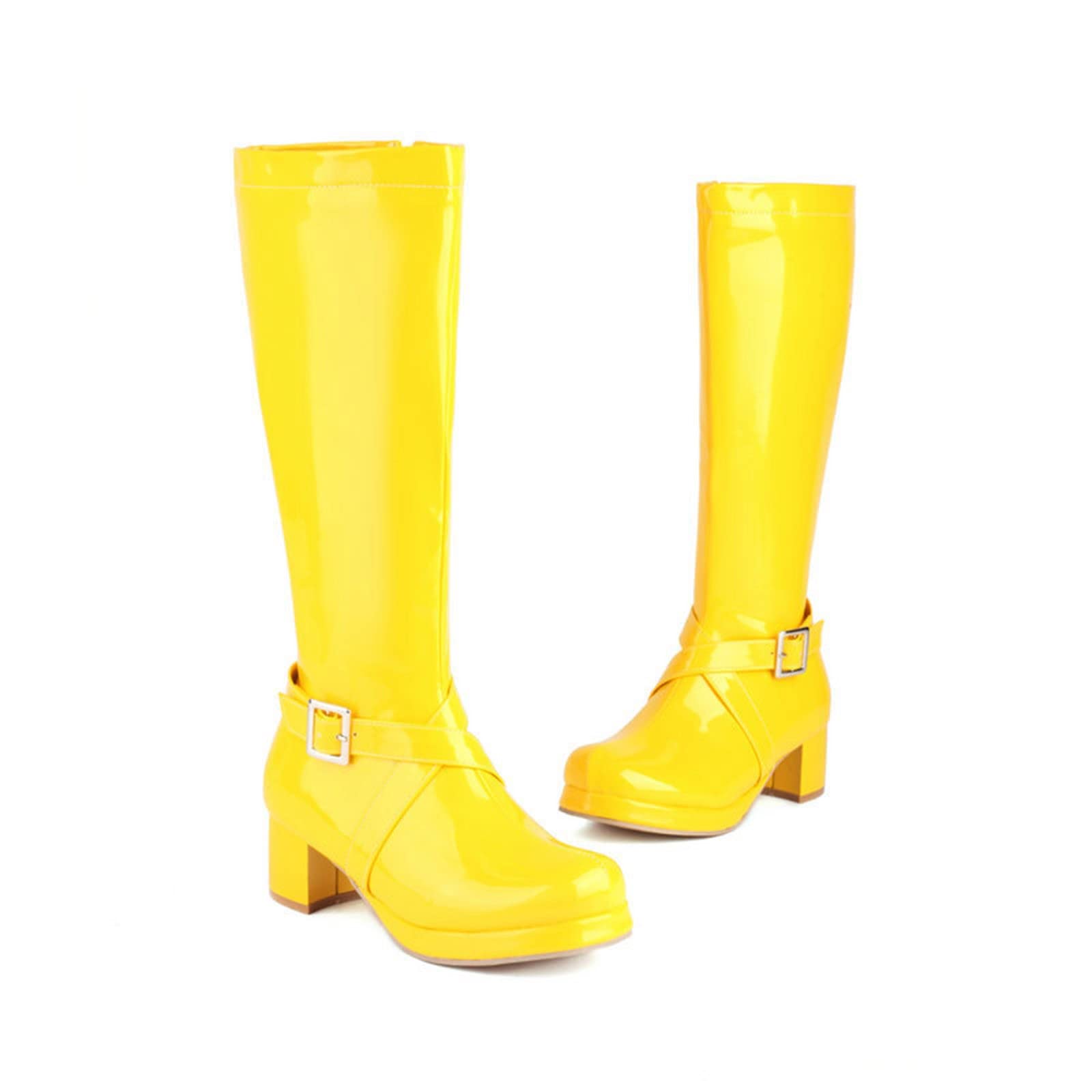 Botas de pantorrilla media para mujer e invierno Hebilla de color sólido de moda Cremallera lateral Cómodo tacón grueso Zapatos de tacón cuadrado Zapatillas de deporte para mujer, amarillo, 40 EU