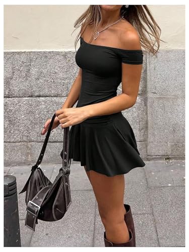 Image of Floerns Women's Streetwear Off Shoulder Short Sleeve Y2k A Line Mini Dress
