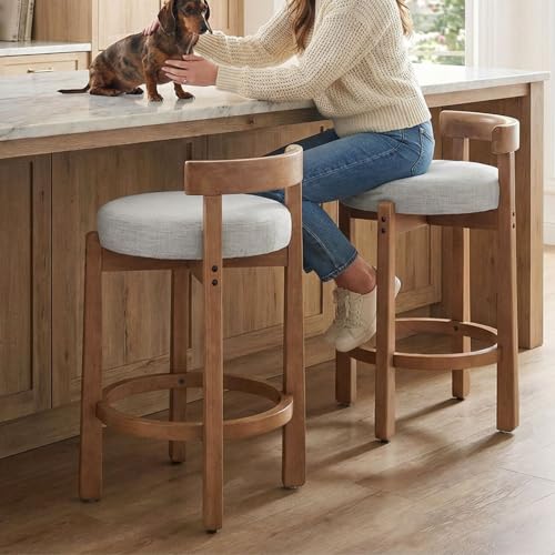 Image of LukeAlon Mid Century Linen Counter Stools Set of 2, Upholstered 26.5 inch Seat Height Low Barstools with Natural Wood Legs Round Low Back Kitchen Stool with Footrest for Dining Room Pub Island, Light Grey