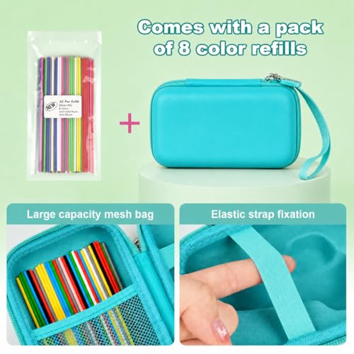 Image of ANKHOH 3D Printing Pen Case for 3Doodler Start+, 72 Pen Refills Included | Hard shell storage with grooved base, mesh pocket and hand strap for school or travel; 3D pen not included, All Green