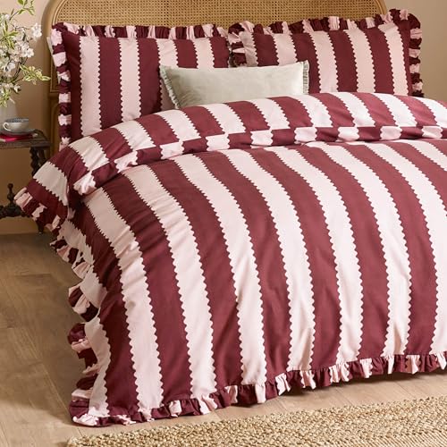 furn. Wylder Birdie Stripe Jeu De Housse De Couette – Réversible À Volants Coton Riche Rayé Literie (Bourgogne/Fleur - 200x200cm) – vue 2