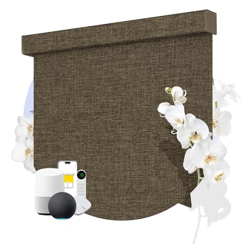 ViChilia Motorized Blackout Roller Shades – Smart Remote Control, Cordless Electric Window Blinds with Linen-Style Blackout Fabric for Living Rooms, Bedrooms & Family Spaces, Brown, Custom Now