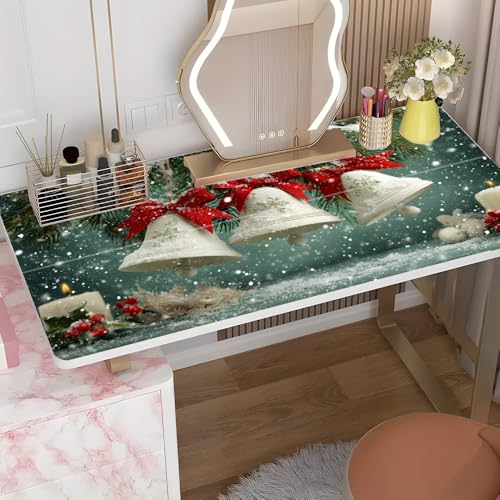 Image of Christmas Bell Desktop Sticker 39.37x23.62In, Snowy Bell Red Ribbon Desk Decal, Easy Clean Table Surface Sticker, Classic Holiday Home Decor