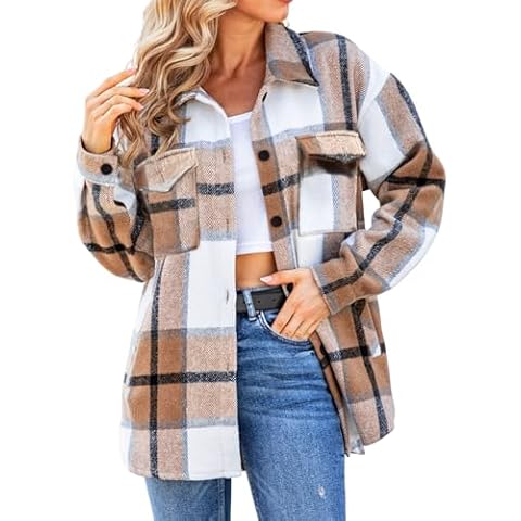 SHEJIZE Women's Casual Shacket Jacket Plaid Shirts Flannel Blouses Button-Down Shirts Brown L Cover
