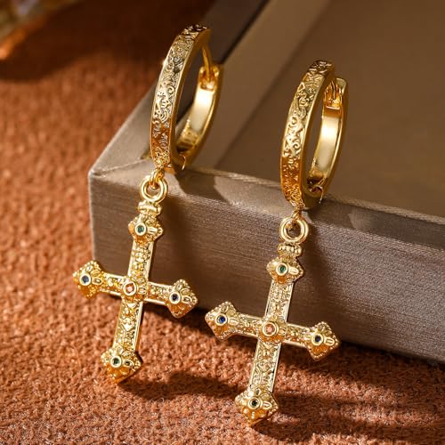 Cross Hoop Dangle Earrings 18K Gold-tone Plated Cubic Zirconia Earrings Lightweight Cross Dangle Drop Earrings for Men Women Hypoallergenic(EA002-B)4