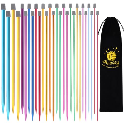 Reessy Juego de agujas de tejer de colores, 35 cm de largo, 14 pares de agujas de aluminio de 2 a 10 mm, agujas de tejer largas, agujas de tejer rectas de metal con estuche de almacenamiento suave