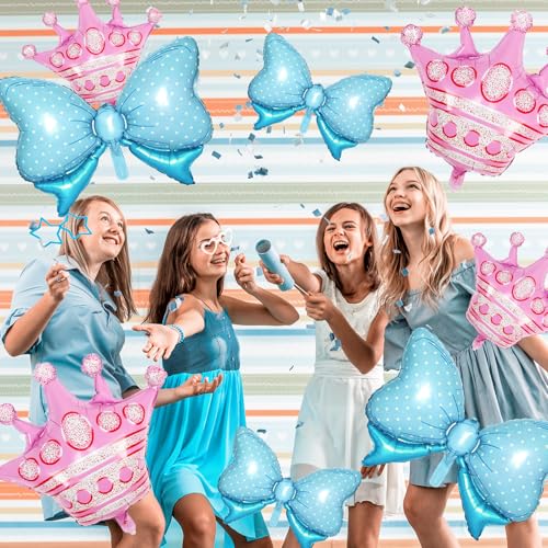 Image of 10pcs Pink Crown Balloons And Blue Bow Balloon, Light Blue Bows Balloons, Pink Large Crown Foil Balloon With Two Sizes For Birthday Baby Shower Theme Party Wedding Bridal Shower Decor