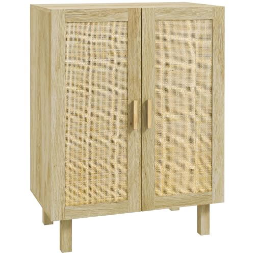 HOMCOM Meuble de Rangement Buffet rotin avec Placard à Portes Effet cannage, étagères réglables, Style bohème, Armoire de Rangement pour Salon, Cuisine,...