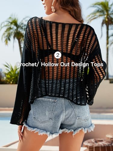 KEOMUD Women Crochet Knit See Through Tops Cover Up Fashion Long Sleeve Crew Neck Short Top2