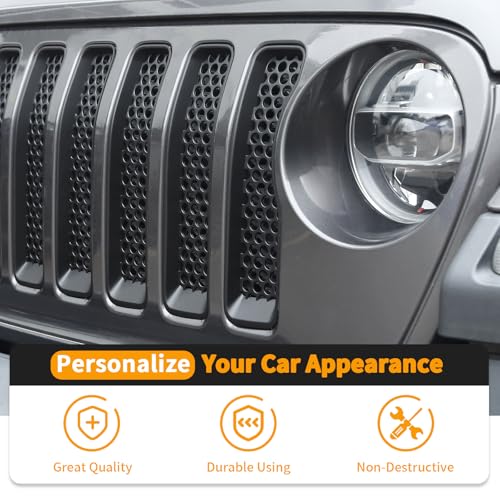 Image of Hoolcar Front Grill Insert Cover Trim Kit Compatible with Jeep Wrangler JL JLU 2018-2024 2025 Front Honeycomb Grille Cover Guard Exterior Accessories, Black, 7 PCs