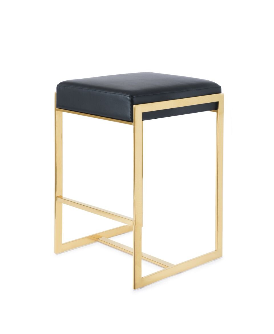 Logan Counter Stool with Polished Gold Stainless Steel Frame - Black