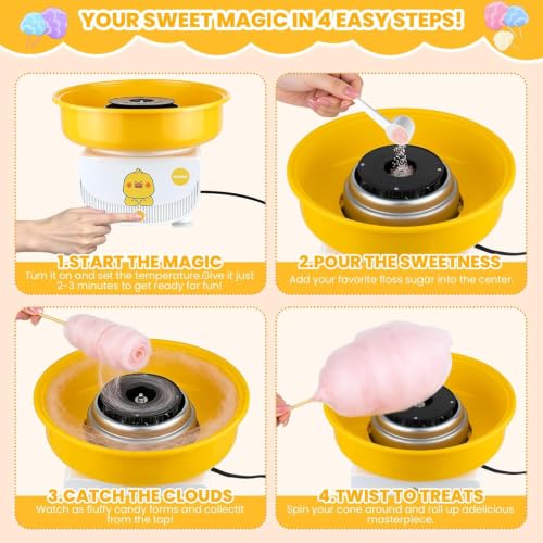 Image of Cotton Candy Machine for Kids, Countertop Cotton Candy Maker Homemade Candy Sweets for Birthday Parties, Includes a Scoop and 10 Candy Cones, Adorable Yellow Duck Cartoon Design
