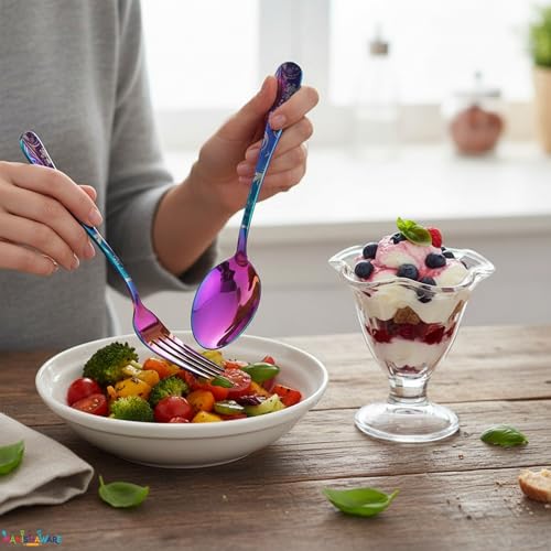 Image of Floral Rainbow 10 Pcs Stainless Steel Cutlery Set for Dining Table, Dishwasher Safe Glossy Flatware (2 Spoon Set+2 Forks Set+2 Butter Knife+2 Dessert Spoon+ 2 FruitFork)