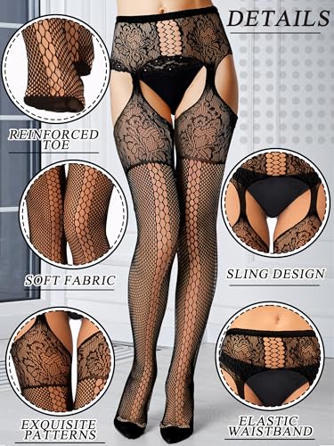 Bencailor 4 Pairs Women Fishnet Thigh High Stockings Suspender Patterned Tights Black Garter Belts Pantyhose Tights for Women3