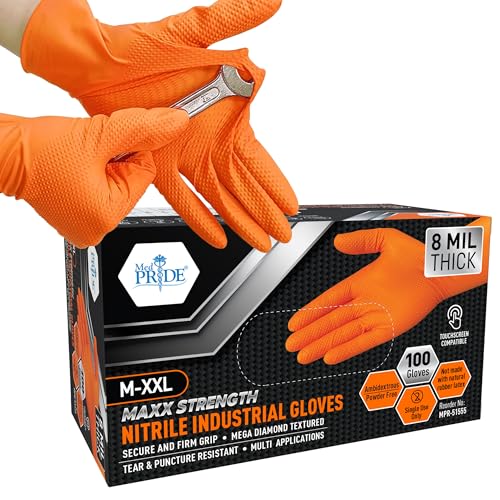 MED PRIDE Orange Medical Disposable Nitrile Gloves 8 Mil, Diamond Textured, Latex-Free, Medium, 100 Count, Ideal for Rv Sewer Dump, Industrial Use