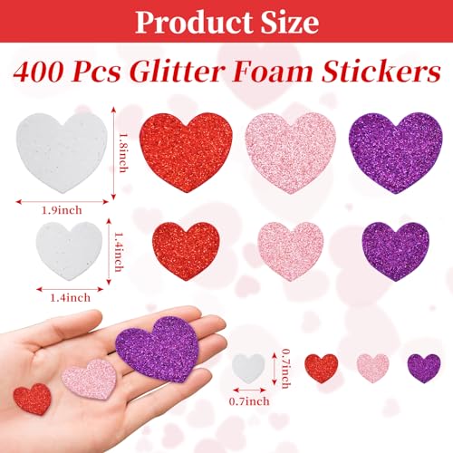 Image of 400 Pieces Heart Shaped Glitter Foam Stickers - Assorted Red, Purple, Pink, and White Colors in 3 Sizes, Self-Adhesive for Kids Crafts, Valentine's Day Decorations, Wedding Party Favors Supplies