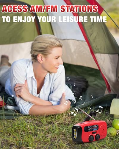 086S Hand Crank Emergency Radio - 2000mAh/7400mWh AM/FM/NOAA Solar Hand Crank Emergency Radio with 3 LED Flashlight, SOS Function for Emergencies, Camping - Red - Image 6