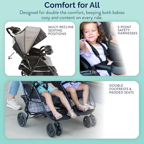 Image of Kolcraft Cloud Plus Lightweight Double Stroller Side-by-Side for Infant Toddler, Compact Folding Travel System with Reclining Seats, Canopies, Storage Basket, Trays, Easy Maneuver - Slate Gray