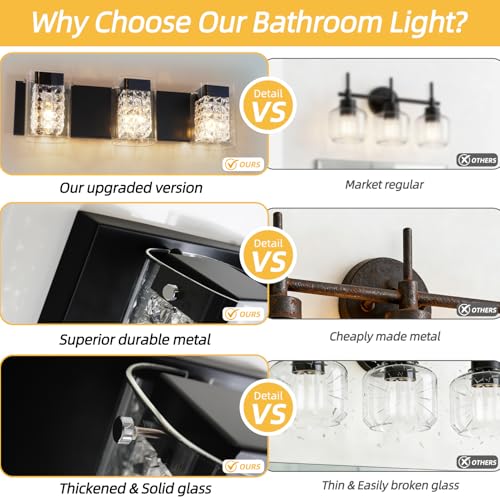 Image of Modern Crystal Bathroom Light Fixtures, 3-Light Black Vanity Lights with Clear Shades, Bathroom Lighting Fixtures Over Mirror Wall Light for Living Room, Decoration,Bedroom(Exclude Bulb)