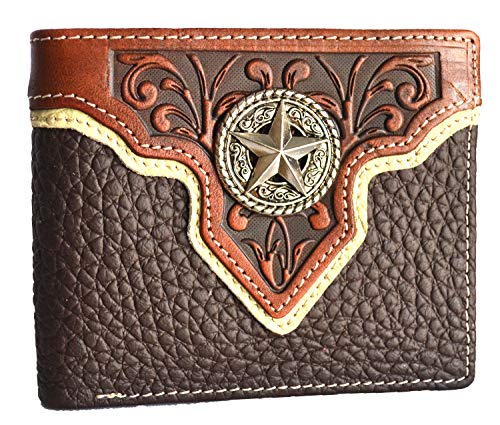 Men western cowboy brown leather texas star concho bifold small wallet