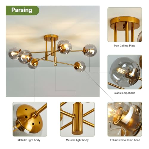 Image of 6-Lights Glass Globe Chandelier Modern Flush Mount Ceiling Light Fixture Gold Farmhouse Lighting for Dining Room Living Room Bedroom Kitchen Passageway.