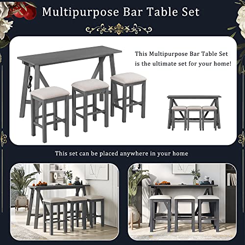 Merax-4-Piece-Wood-Dining-Bar-Table-Set-with-3-Upholstered-Stools-Multipurpose-Home-Kitchen-Furniture-Grey4pcs