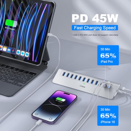 Image of Powered USB Hub 10Gbps, intpw 12 Port USB C Hub with USB C 3.2+2 USB A 3.2, 7 USB 3.0, 2 PD 45W Charging Port, 65W Power Adapter + 3.3FT Cable, Aluminum USB Hub for PC /Laptop /iPhone 17 /16 /PC