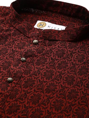 Image of KISAH Men's Navy Blue Printed Cotton Kurta - Regular Fit Long Tunic with Mandarin Collar | Ethnic Wear for Weddings & Festive Occasions