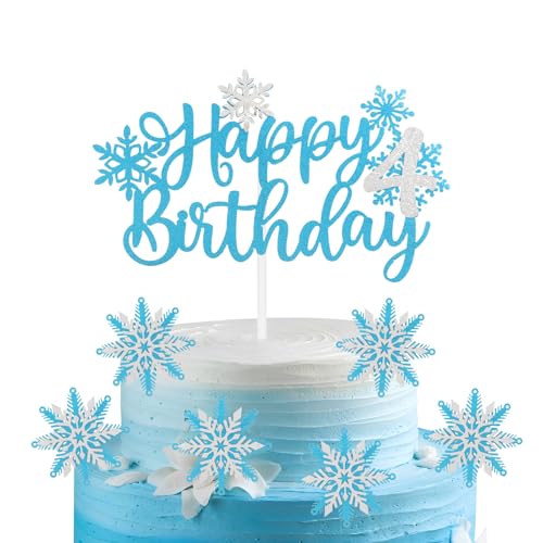 mciskin 7 adornos para tartas de Frozen Birtdhen, decoraciones de cumpleaños número 4 para niña, 4 decoraciones para tartas, decoraciones de pastel congelados, adornos de cupcakes azules y plateados