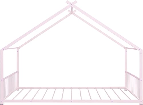 Miniatura 25 de Favfurish Cama de plataforma de casa de tamaño individual con cabecero y estribo, diseño de techo, cama de madera con forma de casa para niños y