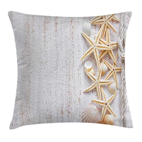 Ambesonne Seashells Throw Pillow Cushion Cover, Starfish Marine in Vertical Direction Wood Surface Ocean Beach Nautical Print, Decorative Square Accent Pillow Case, 20" X 20", Ivory