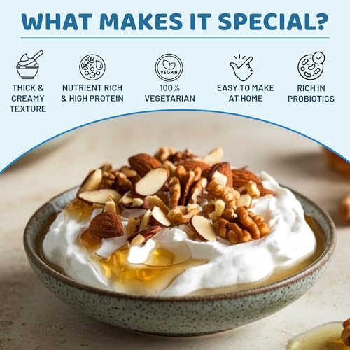 Image of Alla's Posh Flavors COMBO - Greek Yogurt Culture & Yogurt Strainer | Thick, Creamy, Nutrient Rich | 100% Veg | Make Protein Rich Yogurt at Home Easily | Make Batch-after-Batch | Lab Tested Cultures | Great Consistency from First Time (Culture + Strainer)