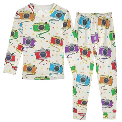 Pajama Sets Long Sleeve Colorful Cameras on Polka Dots Soft Comfy Sleepwear 2 Piece PJS 3-8T
