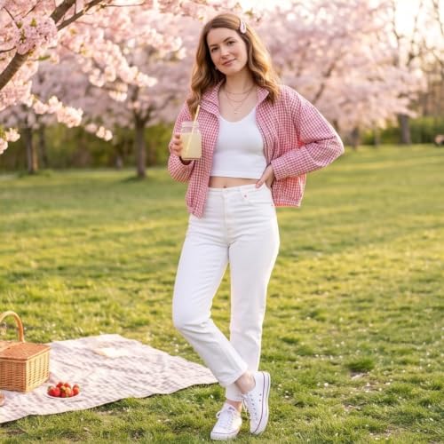 Plaid Bomber Jacket Women Oversized Cropped Funnel Neck Gingham Jacket - image 7