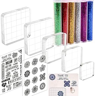 Daily Treasures Acrylic Stamp Blocks Tools Set,5 Clear Stamping Blocks with Grid Lines + 2 Silicone Clear Stamps + 6 Glitter Powder Tubes,for Card Making Decoration Art Crafts Scrapbooking