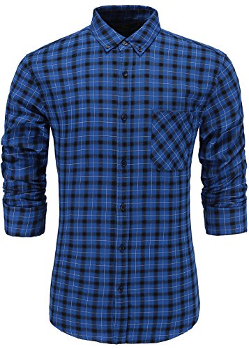 Emiqude Men's 100% Cotton Slim Fit Long Sleeve Plaid Button-Down Checked Dress Shirt Small Blue Black
