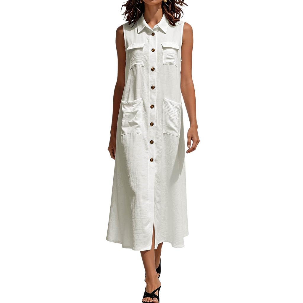 Robe décontractée sans manches en version longue robe chemisier unie