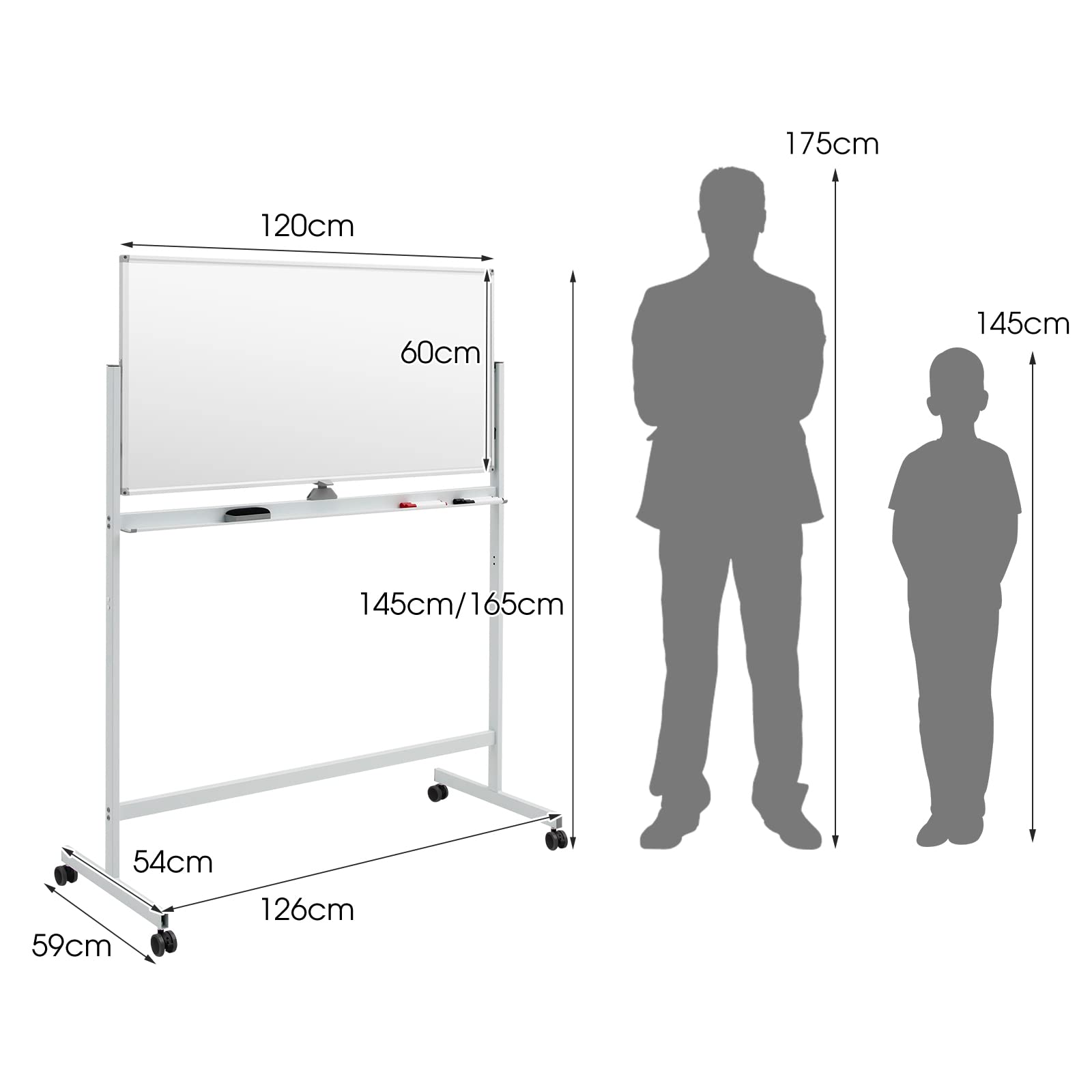 GOPLUS Pizarra Blanca Altura Ajustable en 2 Posiciones, Pizarra Blanca Magnética Giratoria de 360° con 4 Ruedas Universales, Tabla Borrable de 120x60 cm, para Escuela, Sala de Reuniones (Blanco)