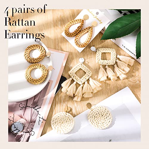 Charniol 6 Pack Straw Woven Elastic Stretch Waist Rattan Earrings Set, Tassel Dangle Bohemian and Braided Belt for Women4