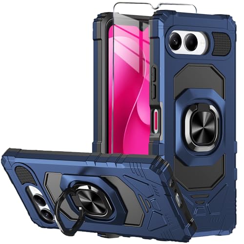 Mocotto for T-Mobile REVVL 8 Phone Case with Tempered Glass Screen Protector,Military Grade Heavy Duty Shockproof Protective Cover,with Ring Kickstand (Blue)