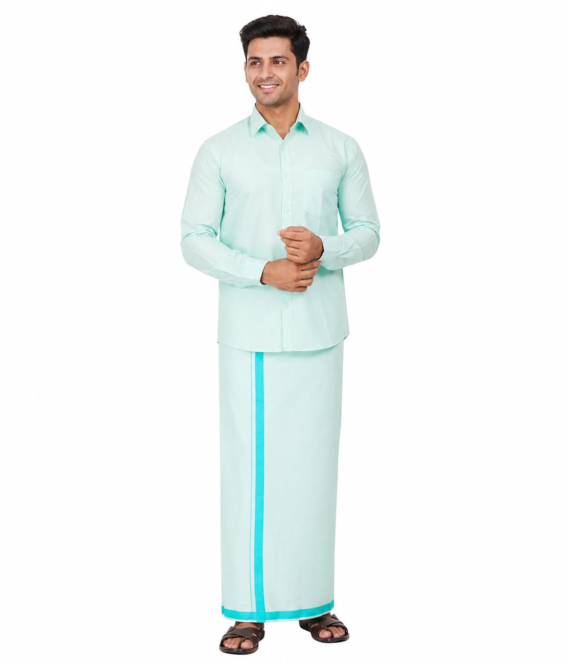 Men's Tissue Silk Cotton Shirt and Dhoti Set | Full Sleeve Ethnic Shirt with 2 Meter Cotton Dhoti.-image-32