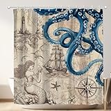 GLASSWINDS Vintage Nautical Octopus Shower Curtain, Funny Ocean Kraken Shower Curtains Waterproof, 72x72 Inches Anchor Coastal Map Shower Curtain Set Home Bathroom Curtain Decor with 12 Hooks