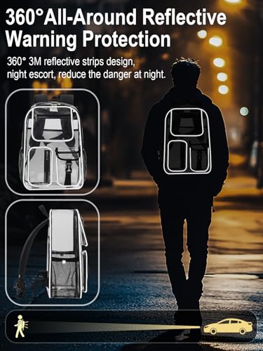 Image of Heavy Duty Clear Backpack For School, 17 Inch Large Clear Bookbag For Kids Boys Girls Women Men, 360 3M Reflective Strips See Through Backpack, Multi-Pockets Tranparent Bag, College Work, Grey