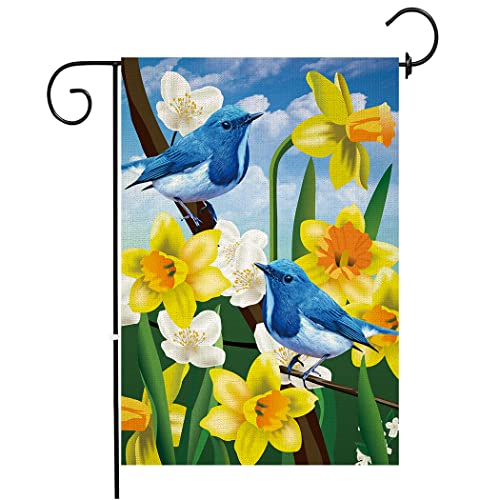 Chengxun HYQ1901 Bluebirds And Daffodils Spring Garden Flag Floral Flag Double Sided 18X12.5 Inches Spring Outdoor Yard Decor cover