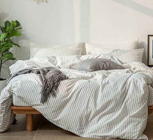 MooMee Bedding Duvet Cover Set 100% Washed Cotton Linen Like Textured Breathable Durable Soft Comfy (White Stripe, Twin)