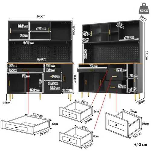Armario alto para salón, iluminación LED, sistema de estanterías de altura ajustable, puertas correderas de cristal, botellero, solución de almacenamiento modular, negro, 145 × 39 × 171 cm