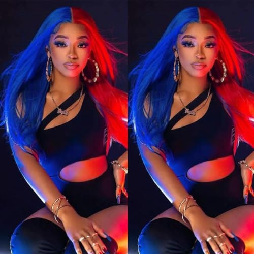 SISIFIRE Half Red Half Blue Wigs for Women Silky Straight Small Lace Synthetic Heat Resistant Fiber Hair Replacement Wigs for Cosplay Daily Party wig