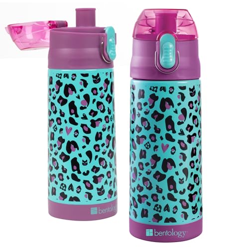Image of Bentology Stainless Steel 13 oz Reusable Water Bottle for Kids, Cheetah - Double Wall Insulated, Spill Proof Lid w /Built-in Straw- Keep Liquids Hot or Cold For Hours- Fits in Lunch Boxes & Bags