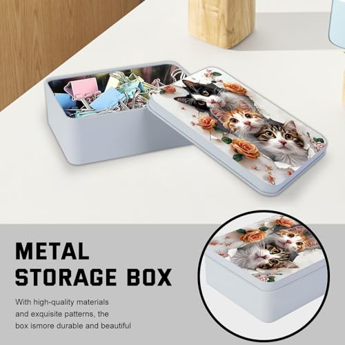 Image of Metal Tin Box with Lid for Game Cards Home Organizer Candles Keys Crafts Storage - Comes with 4 Magnetic Cord Clips，Cute Cats and Roses